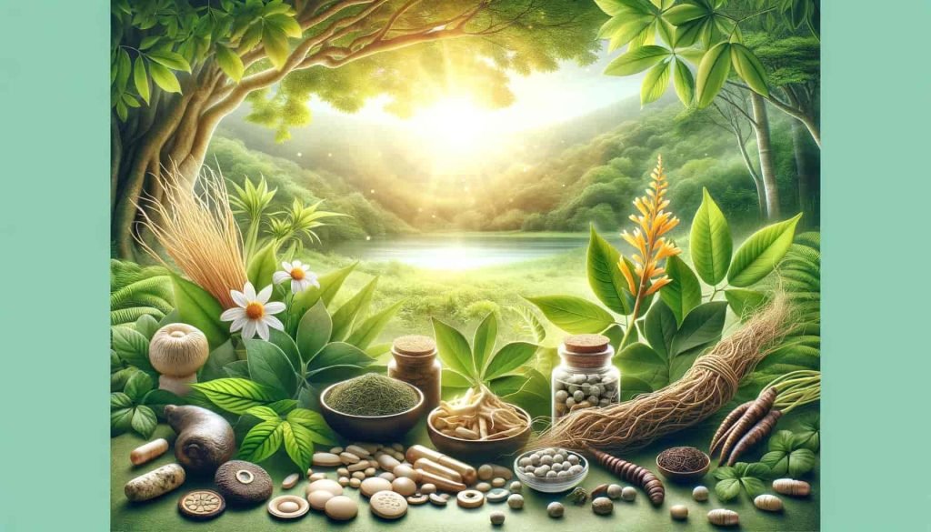 Različite biljke poput ginsenga, mace, tribulusa terrestrisa i yohimbea u prirodnom zelenom pejzažu